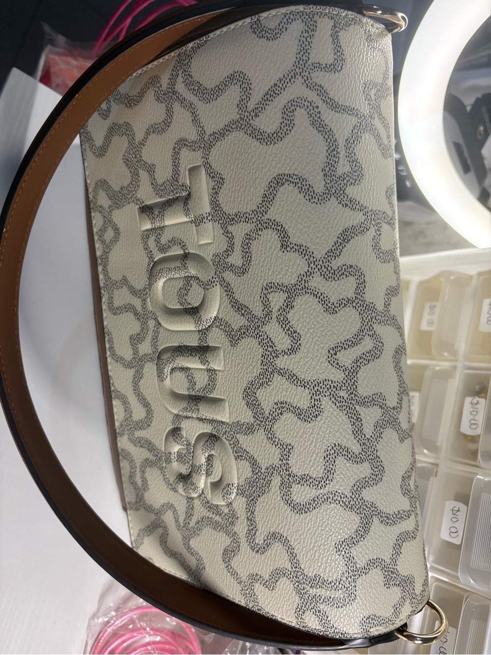 Tous Cream Patterned Leather Shoulder Bag with Tan Strap